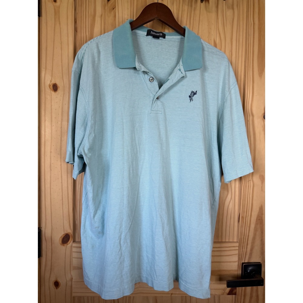 Ashworth Mens Golf Polo Shirt XL Green White Stripe Short Sleeve Logo Cotton